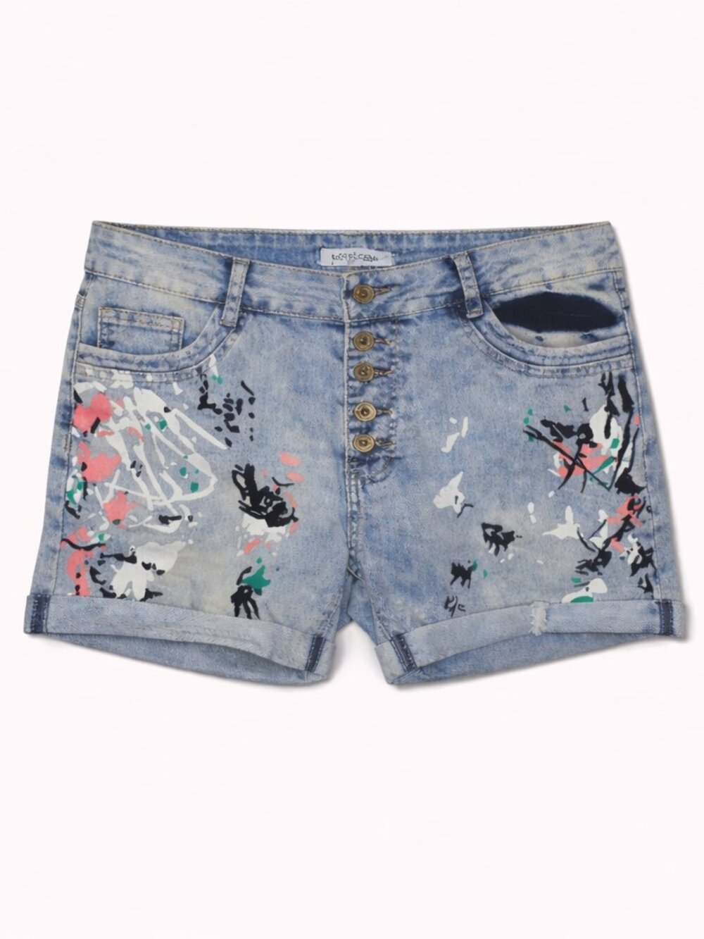 MISSLOOK Denim Shorts with Button Fly and Paint Splatter Design, Size Large